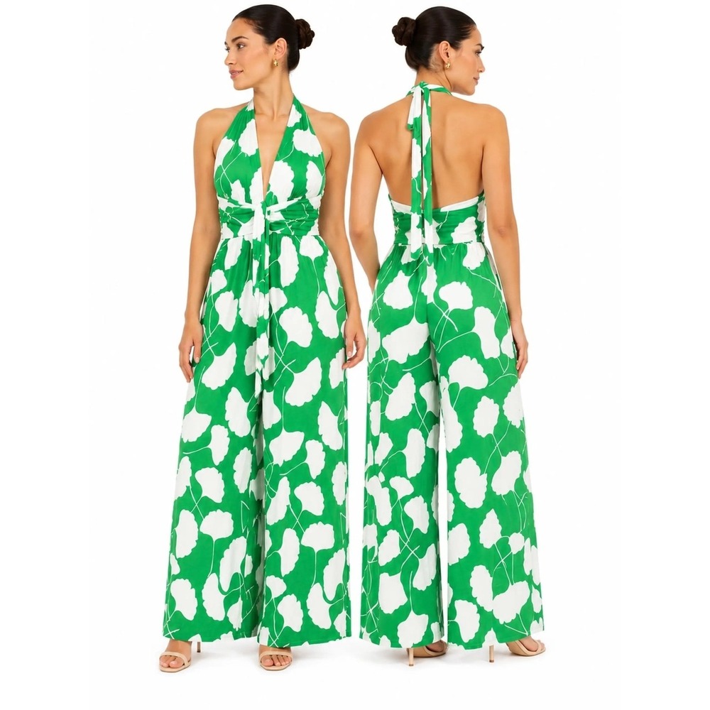 Diane von Furstenberg for Target Green Ginkgo Leaf Halter Wide Leg Jumpsuit 2X